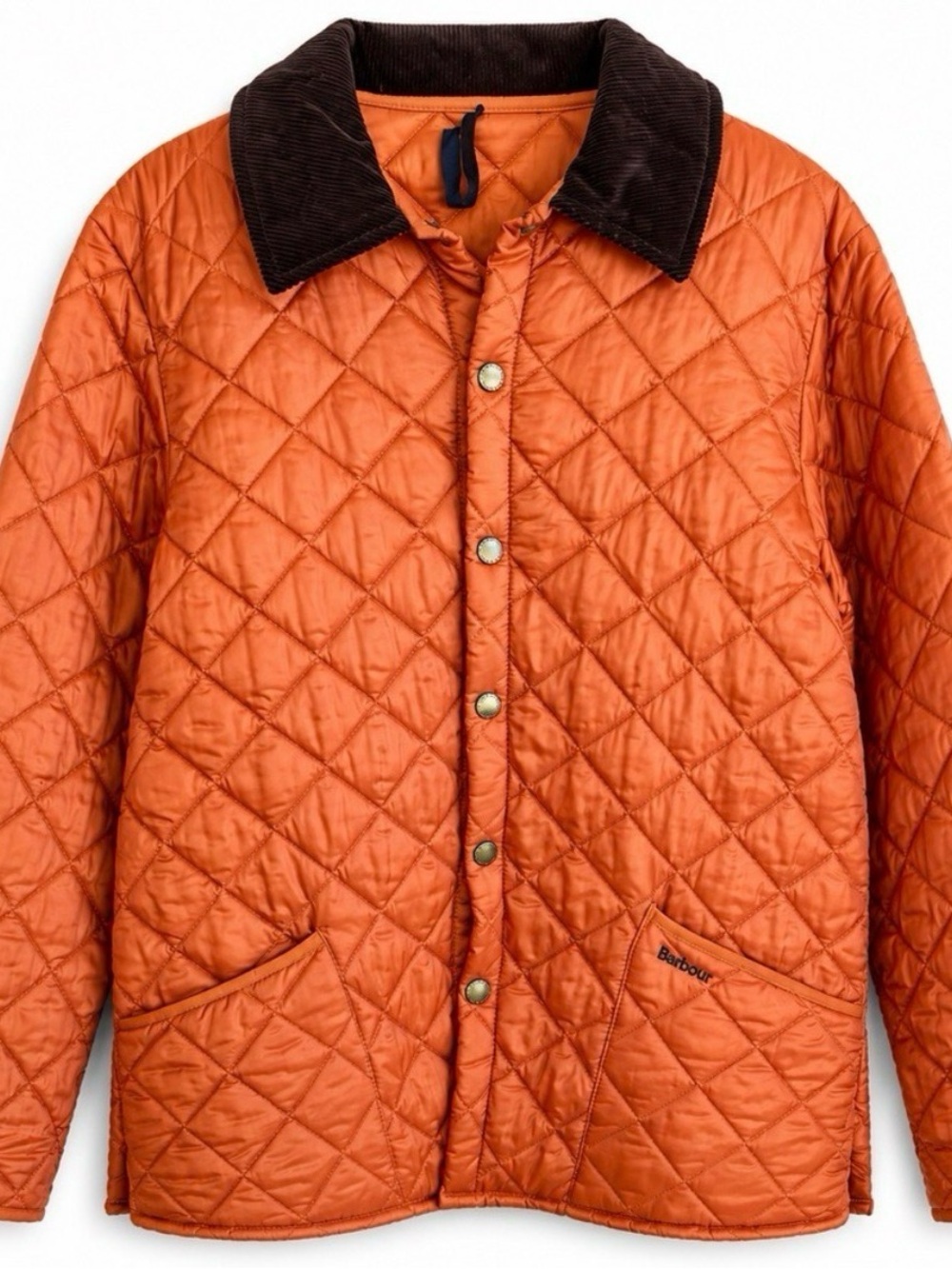 Barbour Orange Quilted Lightweight Jacket with Brown Corduroy Collar